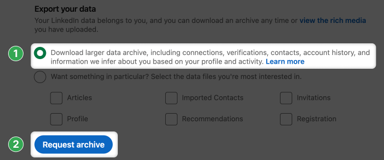 LinkedIn Data Export guide — screenshot showing the download-my-data page
